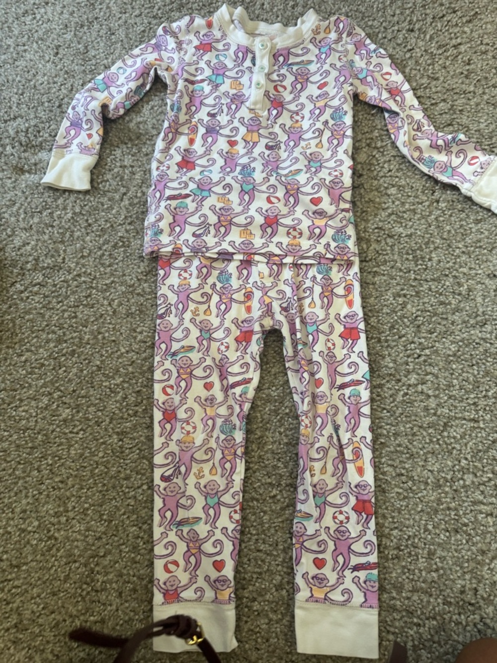 Roller Rabbit Cream Pajama Set with Purple and Pink Monkey Print
